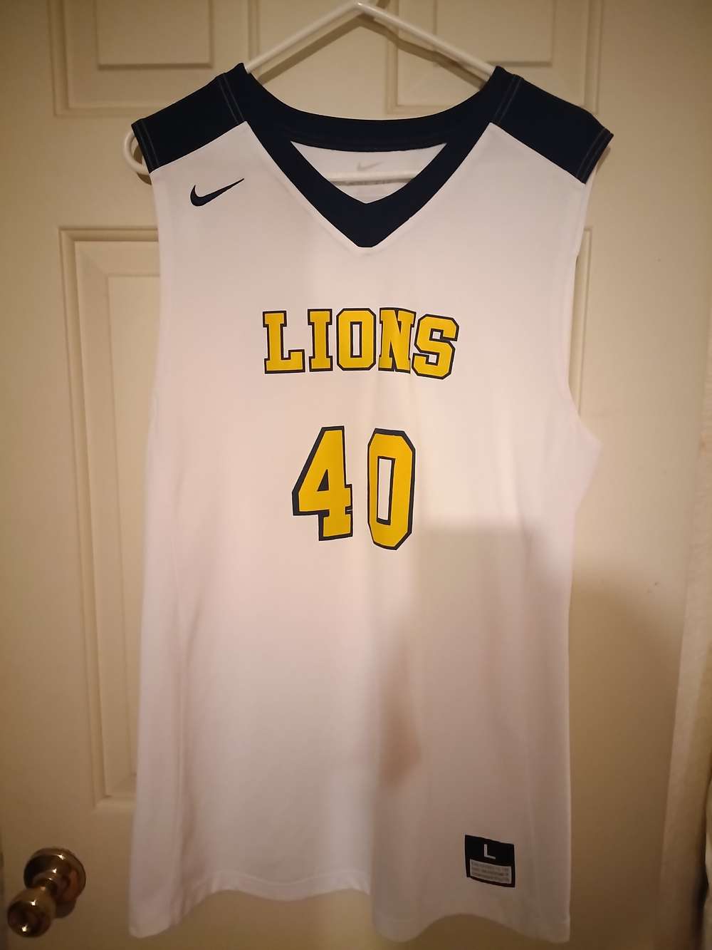 Nike White and Yellow Lions #40 Basketball Jersey with Navy Accents